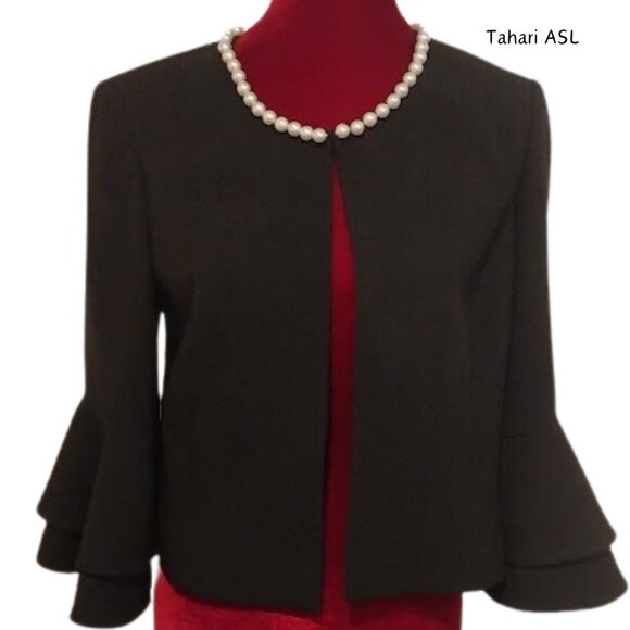 Tahari ASL Women's Faux Bright-White Pearl-Trim Ruffled-Sleeve Black Jacket SZ 8 - Picture 2 of 11